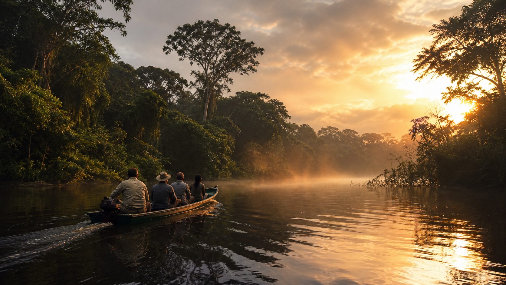 Boat crossing calm Amazon water at sunrise surrounded by rainforest.