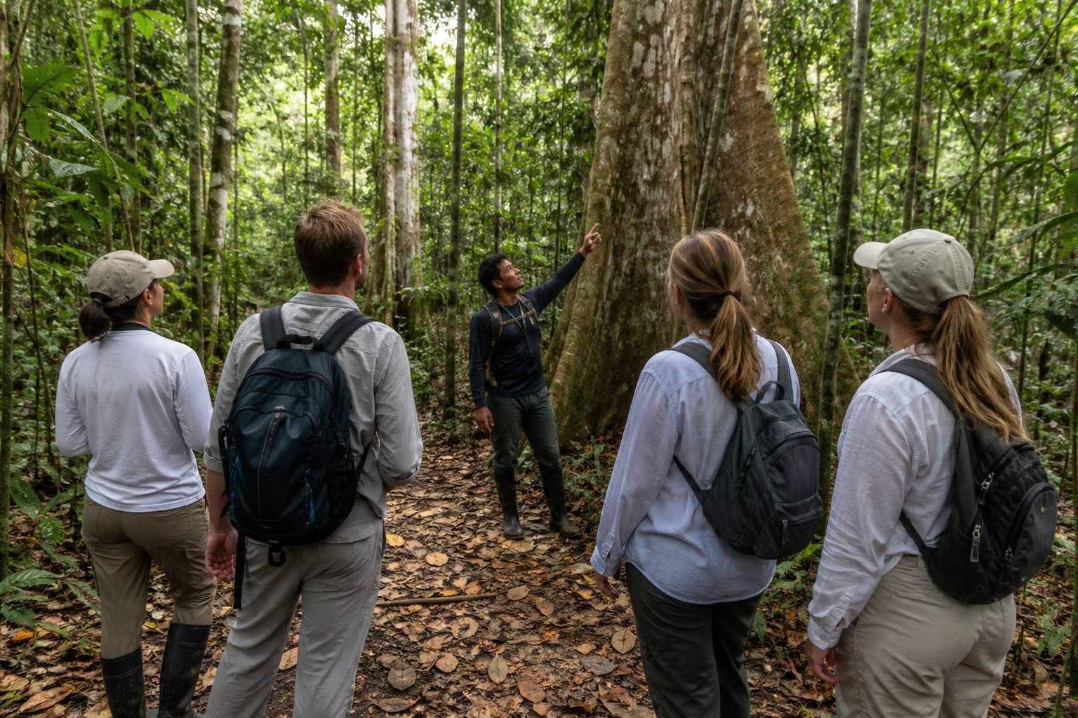 Local guide leading travelers on an Amazon rainforest trail.
