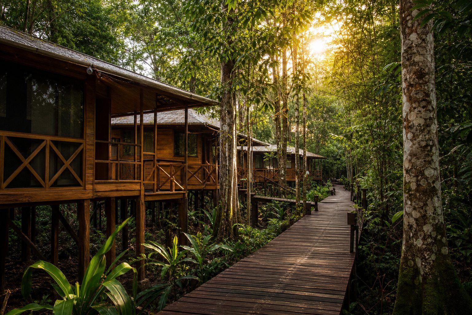 Wooden Amazon jungle chalets connected by a boardwalk in dense forest.