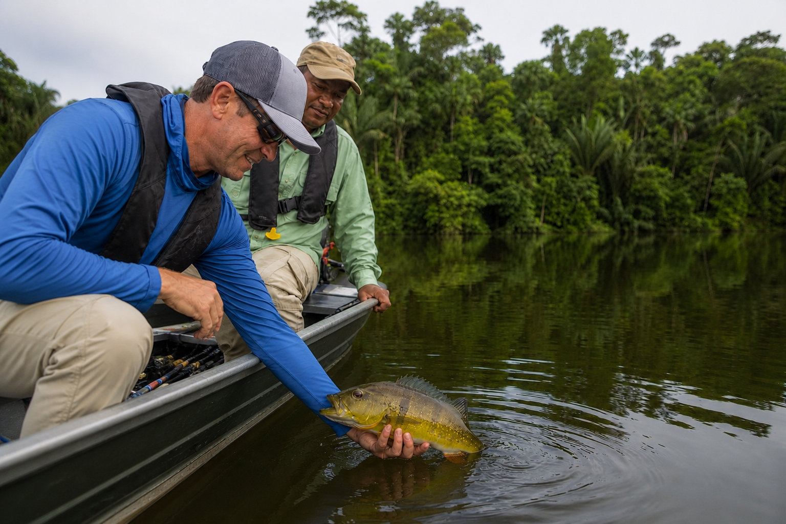 Sport fishing by boat on calm Amazon water with local guide.